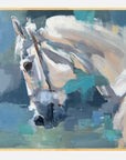 Abstract painting of a grey horse's head with a gold frame