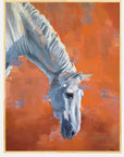 Painting of a white horse's head on an abstract orange background