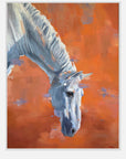 Painting of a white horse's head on an abstract orange background