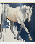 Artistic depiction of a grey horse trotting with abstract elements on a dark background