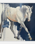 Artistic depiction of a grey horse trotting with abstract elements on a dark background