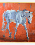 Painting of a grey horse trotting on an orange background