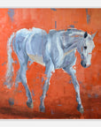 Painting of a grey horse trotting on an orange background