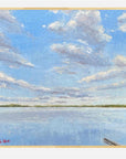 Painting of a calm lake with a blue sky and white clouds.