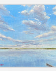 Painting of a calm lake with a blue sky and white clouds.
