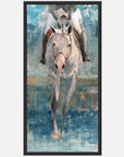 A canvas print of a horse in mid-jump, with a focus on the horse's head and front legs, against a background with blue and gray tones.