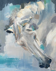 A painting of a horse's head in profile, with abstract elements in gray, white, and blue, indicating a sense of motion or fluidity.