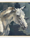 Artistic depiction of a grey horse's head with a dark blue stylized background