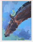 Painting of a horse's head with a blue and green background