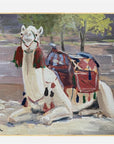 Painting of a decorated camel in an outdoor setting