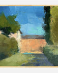 Painting of a landscape with green trees and a blue sky.