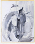 Abstract painting of a horse's head with a natural wood frame