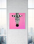 Framed artwork of a zebra on a pink background against a white brick wall.