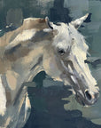 A painting of a grey horse's head with a blurred background.