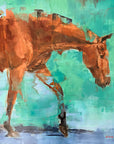A vibrant painting of a horse against a blue backdrop, with the horse depicted in brown and green tones, appearing majestic and regal.