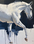 A painting of a gray horse in motion, with abstract elements and a dripping paint effect, primarily in shades of gray and blue with a white background.