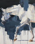 A painting of a gray horse in motion, with abstract elements and a dripping paint effect, primarily in shades of gray and blue with a white background.