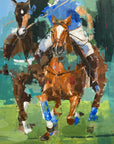 A vibrant artwork print of polo ponies and riders in action, featuring bold colors and dynamic movement.