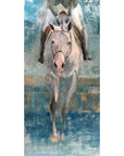A canvas print of a horse in mid-jump, with a focus on the horse's head and front legs, against a background with blue and gray tones.