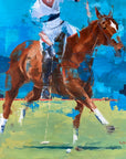 A vibrant artwork depiction of a polo pony and rider in action, with a blue background and a brown horse.