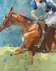 A vibrant artwork depicting a polo pony with a rider in action, featuring elements of abstract and impressionistic styles.