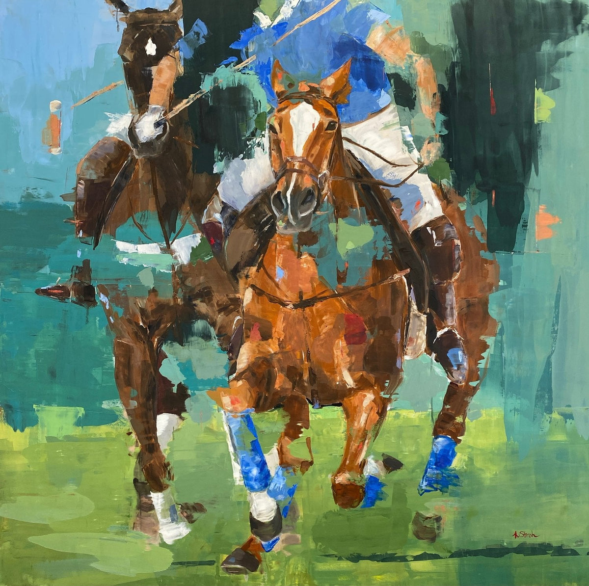 A vibrant artwork print of polo ponies and riders in action, featuring bold colors and dynamic movement.