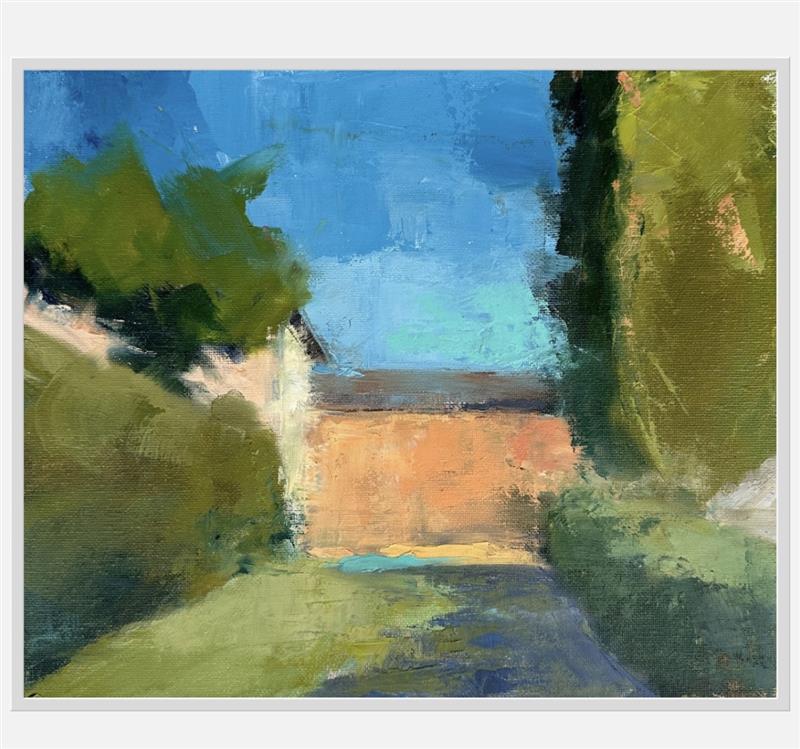 Painting of a landscape with trees and a building.