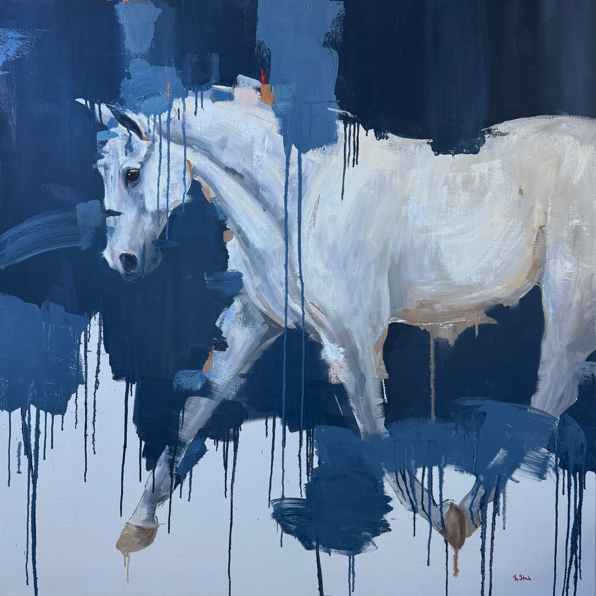 Abstract painting of a white horse with dark blue and black background