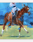 Painting of a polo player on a horse with a blue and green background