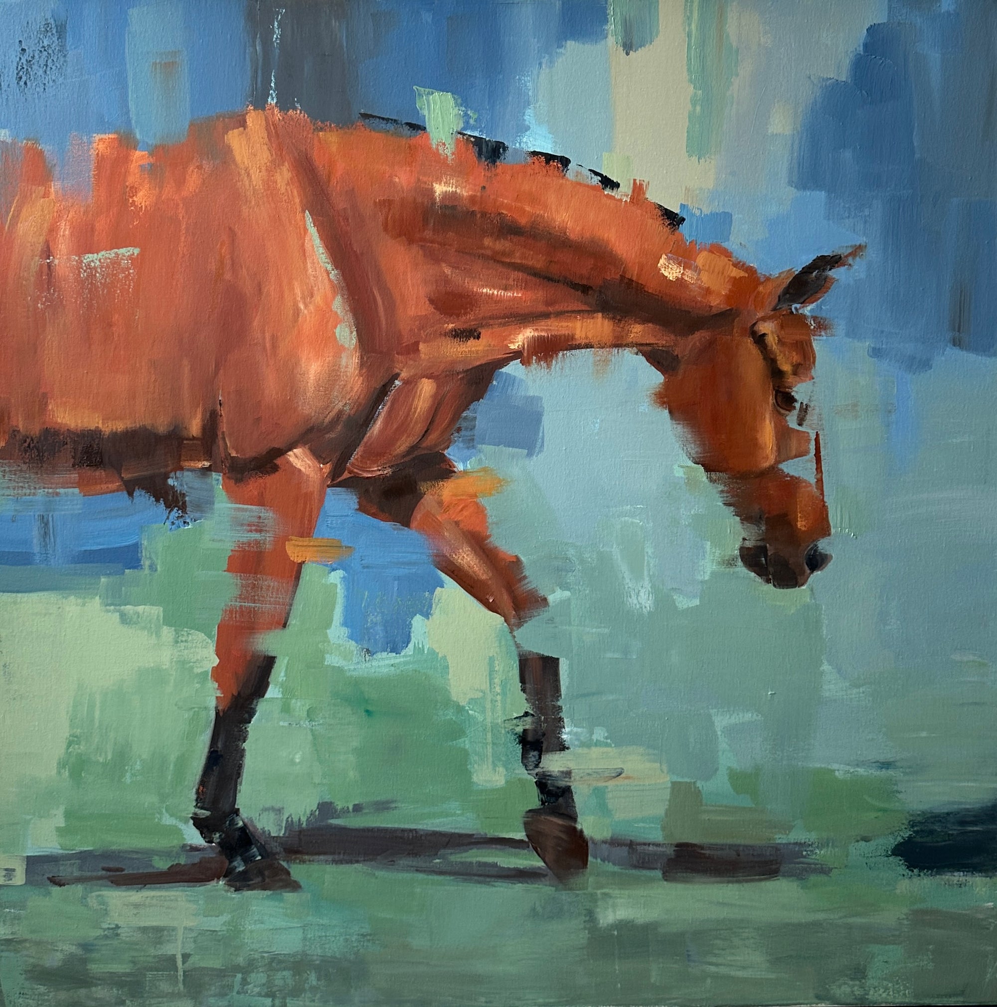 An abstract painting of a brown horse in motion against a blue and green background.