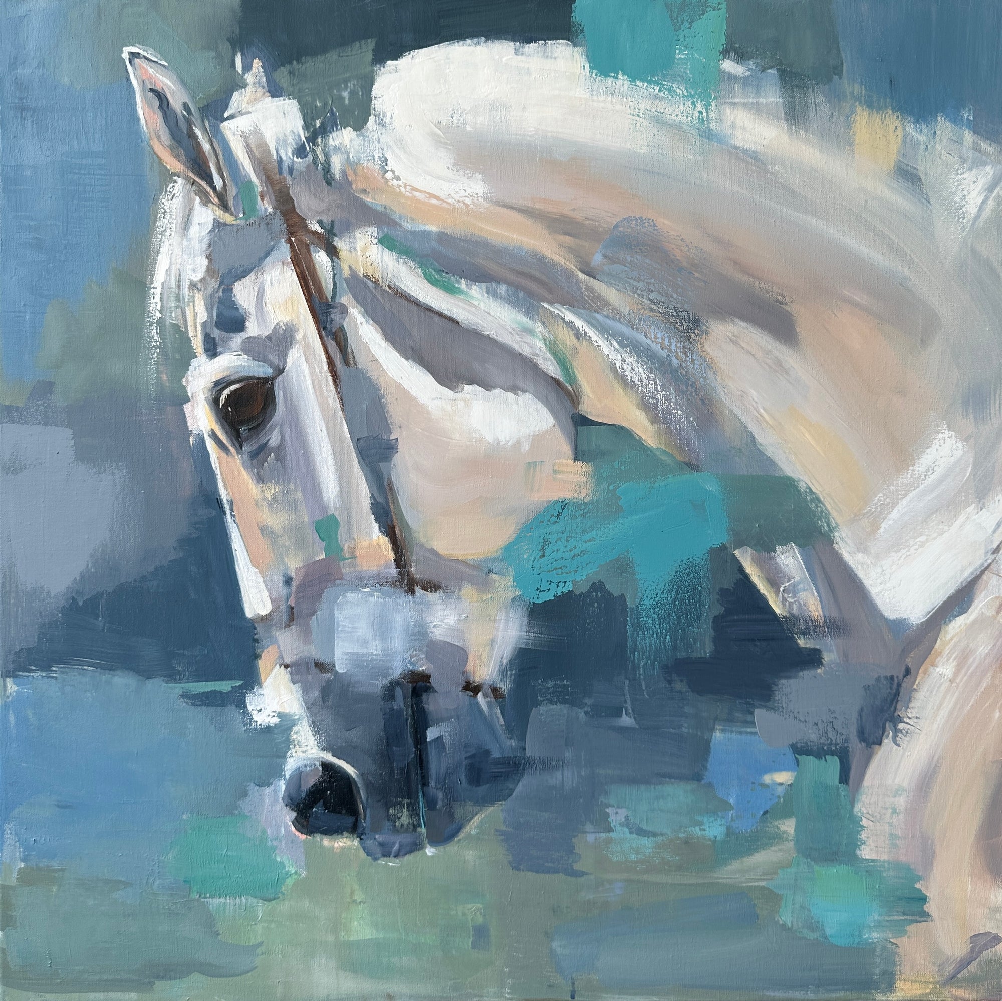 Side profile of a white and grey horse with an abstract background in various shades of blue.