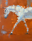 Abstract painting of a grey horse on an orange background
