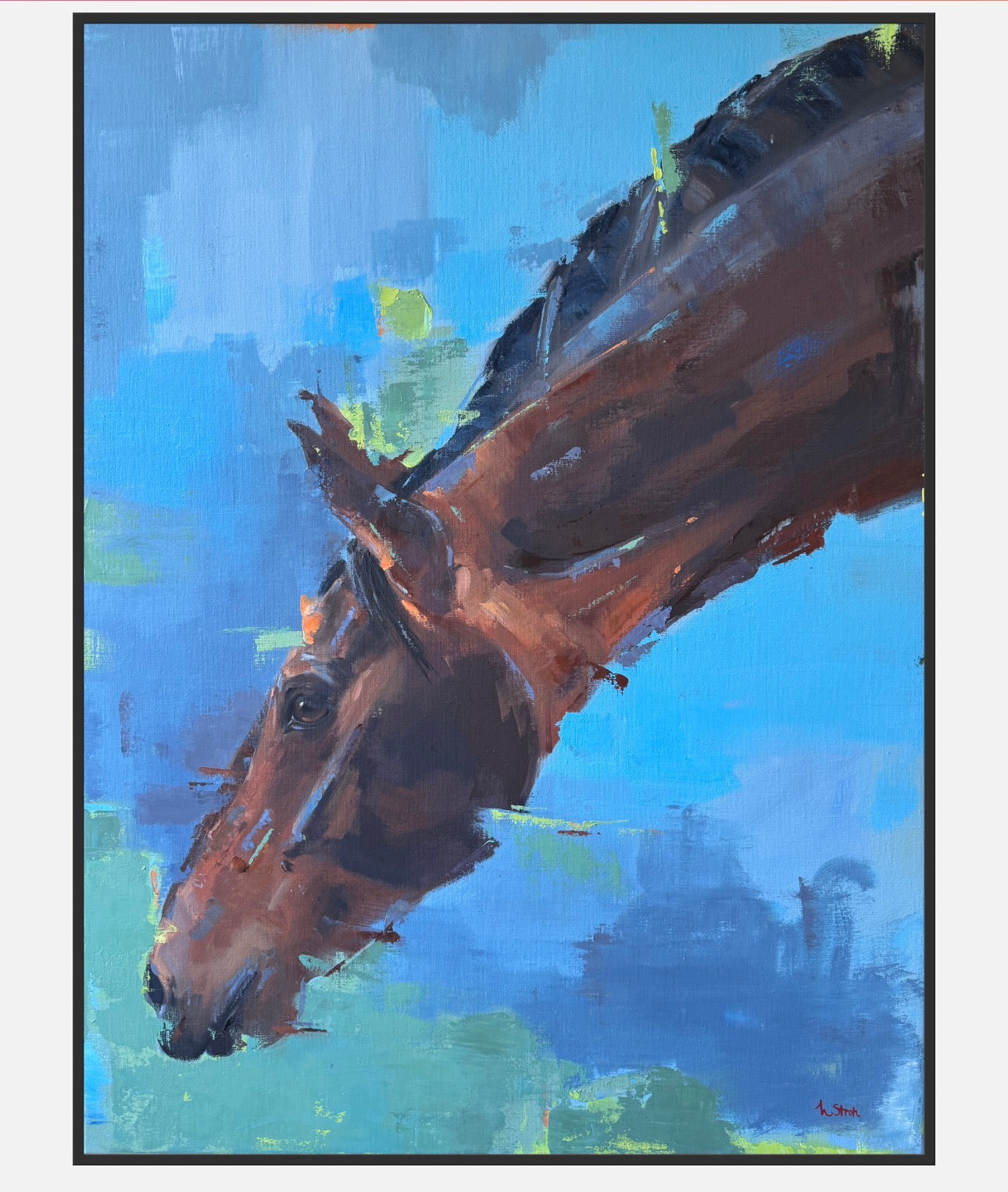 Painting of a horse's head against a blue and green abstract background