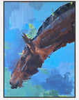 Painting of a horse's head against a blue and green abstract background