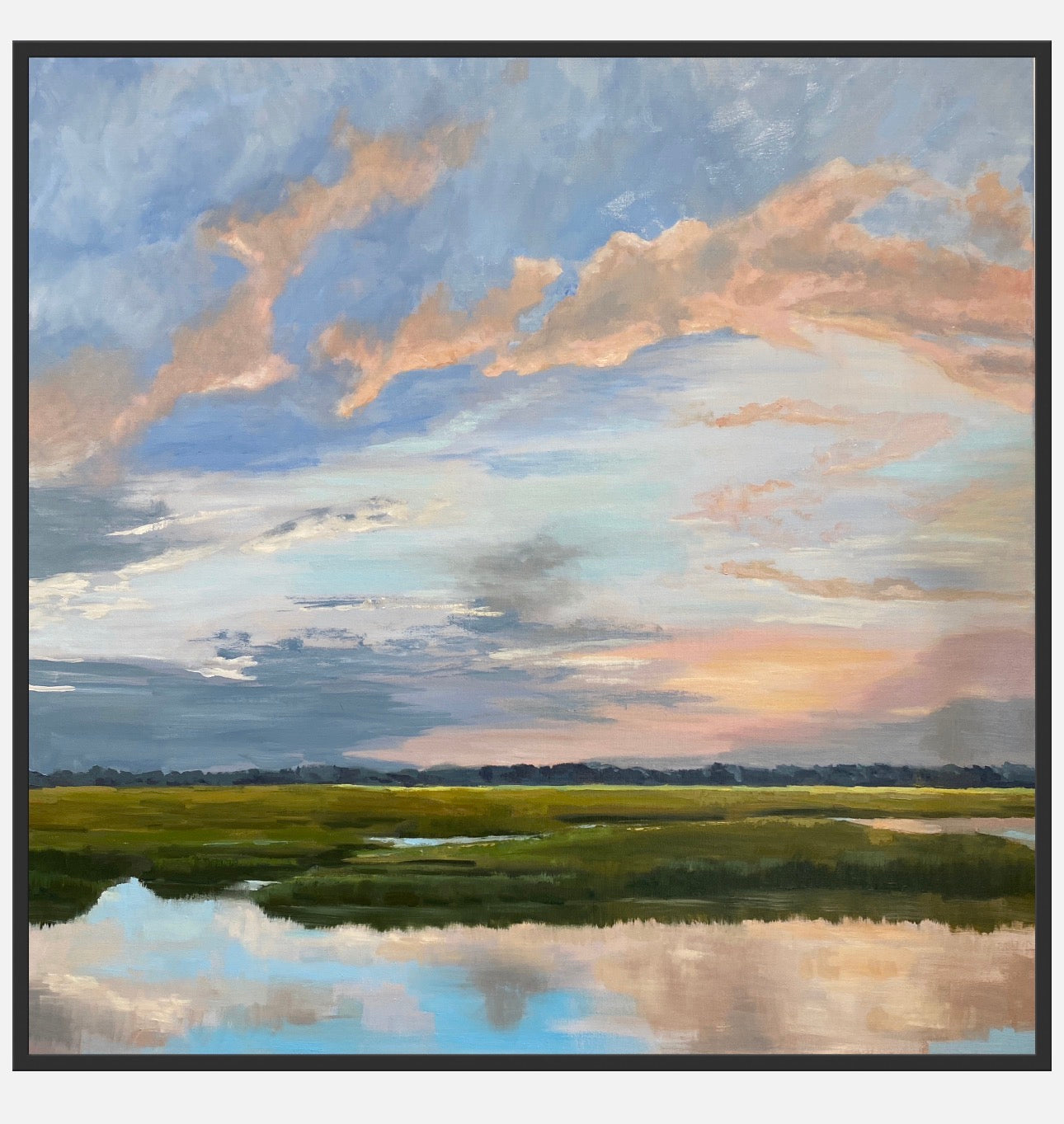 Painting of a landscape with a reflective water body and a colorful sky.