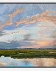 Painting of a landscape with a reflective water body and a colorful sky.