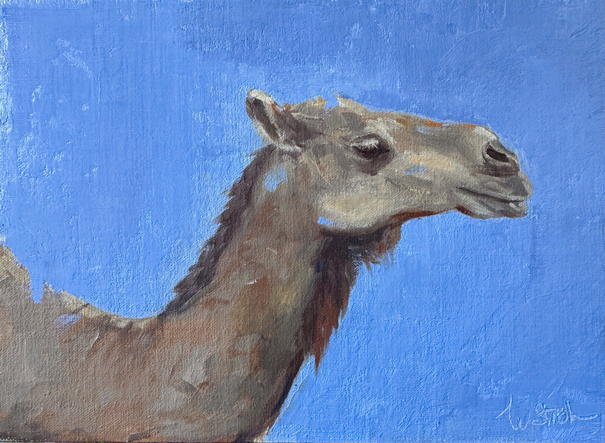 Painting of a camel's head against a blue background
