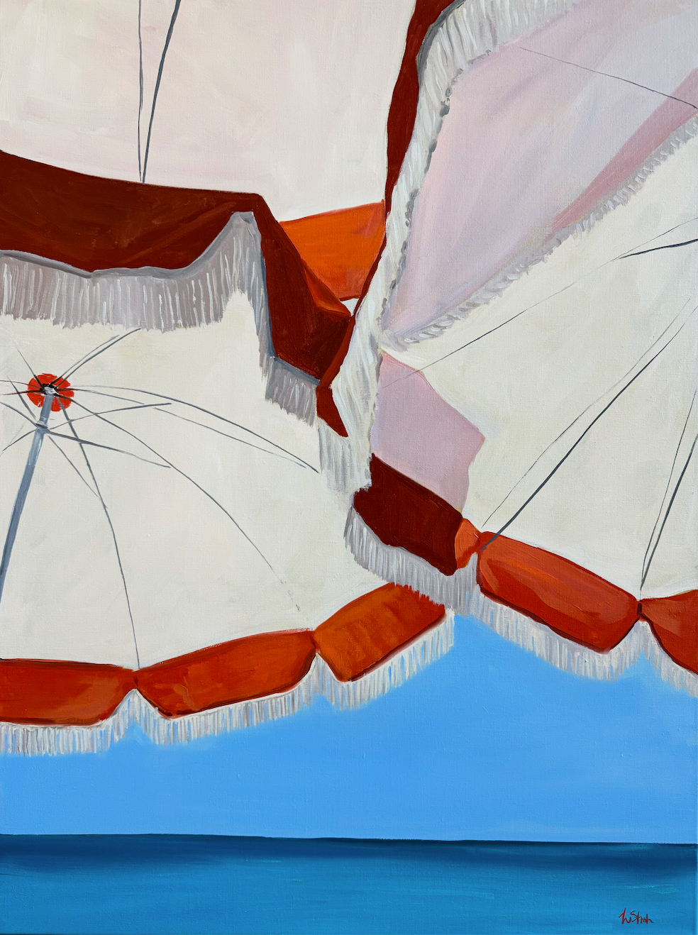 Artistic depiction of beach umbrellas with red borders against a blue sky.