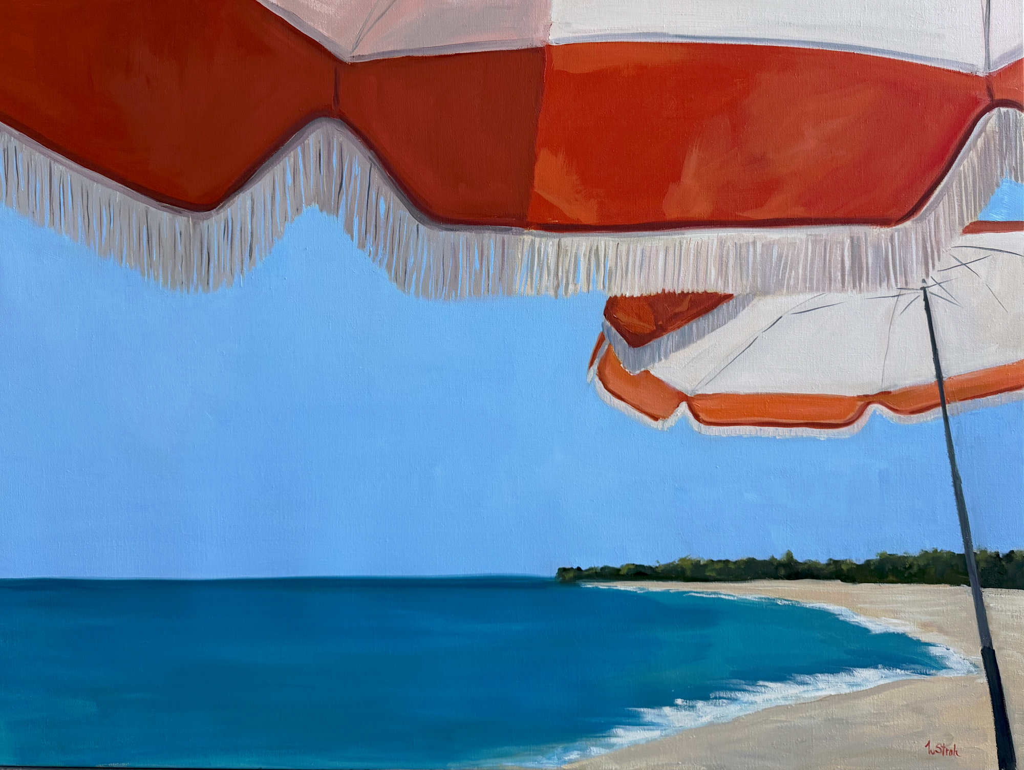 Beach scene with two large umbrellas casting shade over a sandy area.