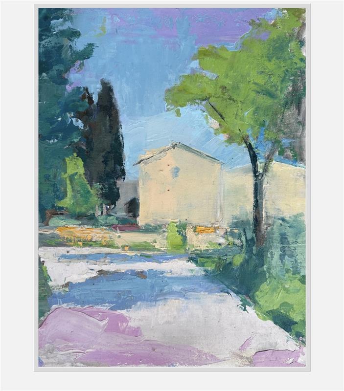 Painting of a street scene with houses, trees, and a pond.