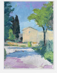 Painting of a street scene with houses, trees, and a pond.