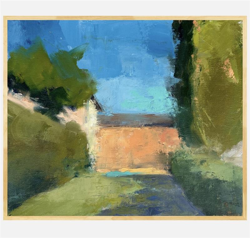 Painting of a landscape with green trees and a blue sky.